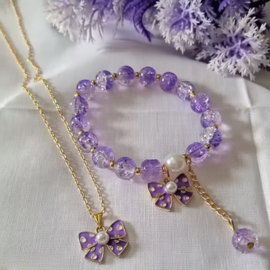 Purple Bow Charm Necklace and Beaded Bracelet Set