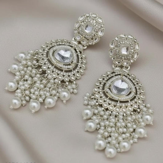 White Kundan Pearl Chandelier Earrings