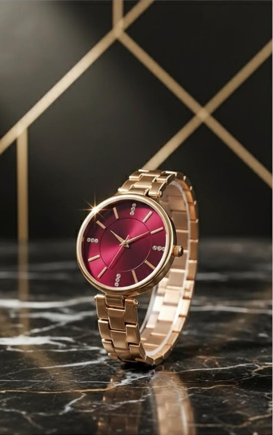Elegant Maroon Dial Studded Watch