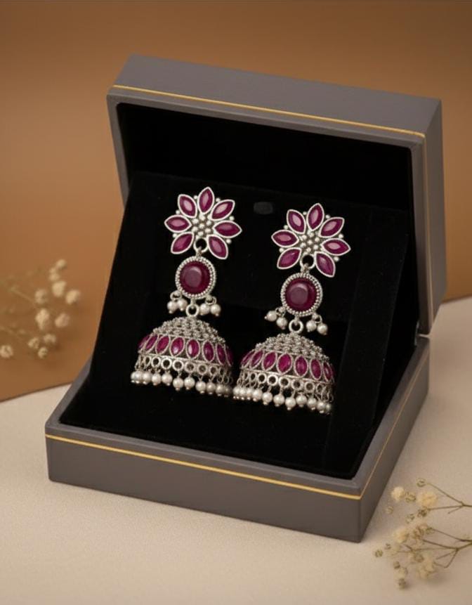 Antique Oxidized Silver Jhumka Earrings with Pink Gemstones