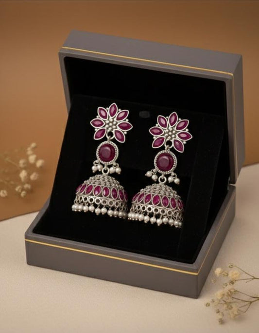 Antique Oxidized Silver Jhumka Earrings with Pink Gemstones