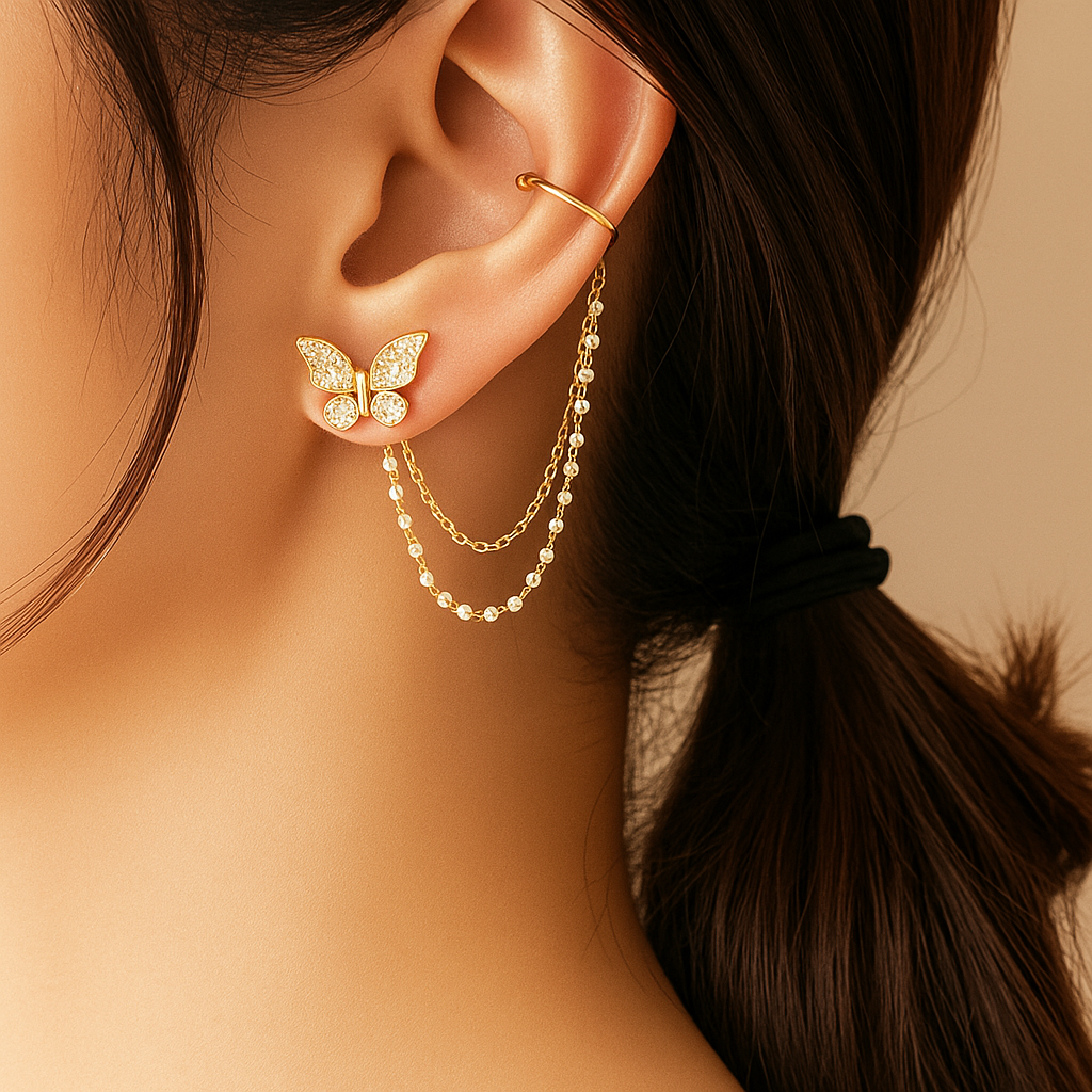Korean Butterfly Dual Chain Cuff Earrings