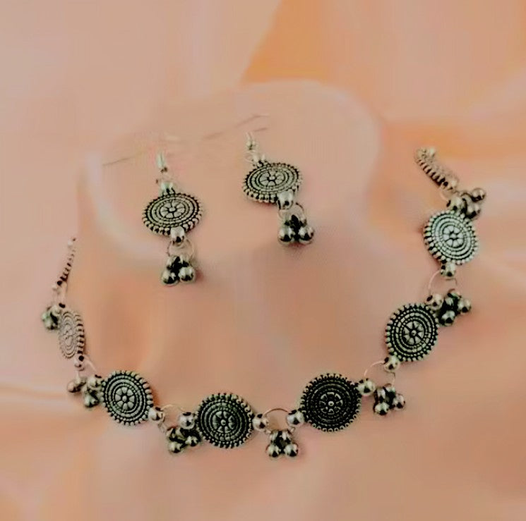 Oxidised Silver Choker Necklace Set With Earrings