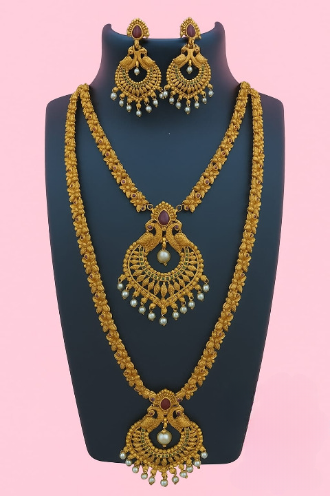 Matte Finish Ruby Emerald Necklace & Earrings Set