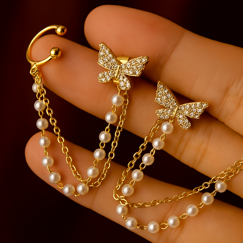 Korean Butterfly Dual Chain Cuff Earrings